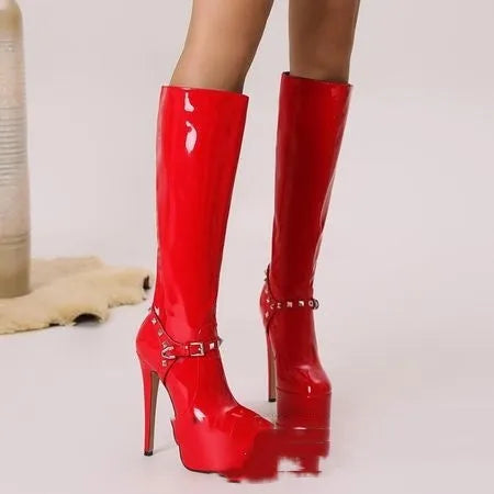 Red women's high leg chunky heel boots with back zipper and metal belt buckle