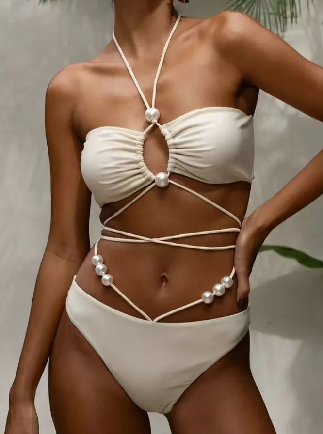 Black women's lace-up front bikini swimsuit with quick-drying nylon fabric
