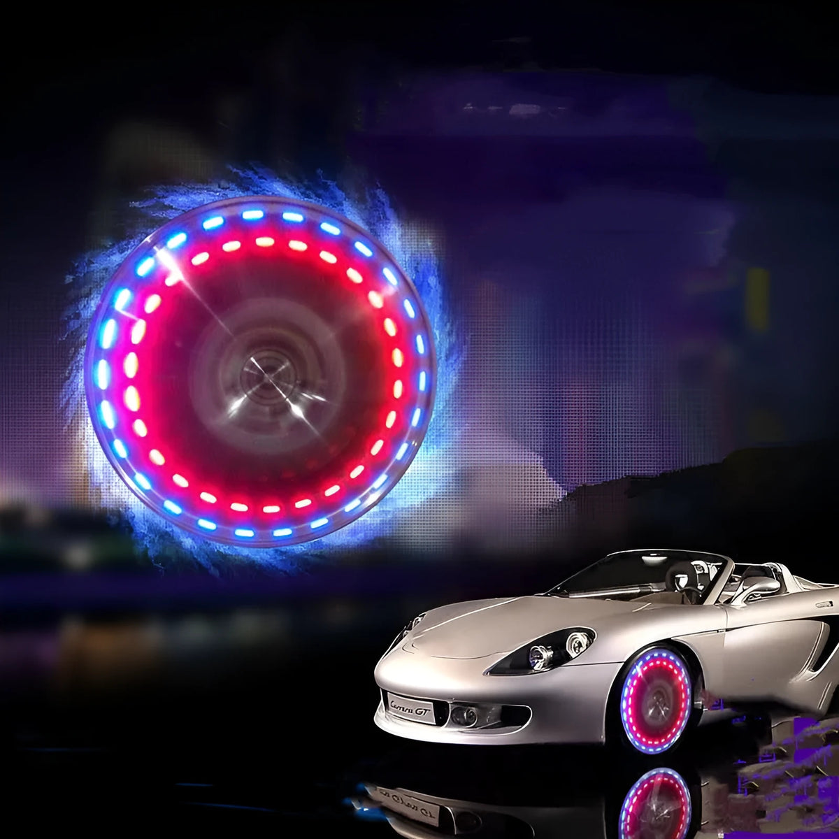 Solar powered colourful wheel hub lamp attached to car tyre valve with flashing light