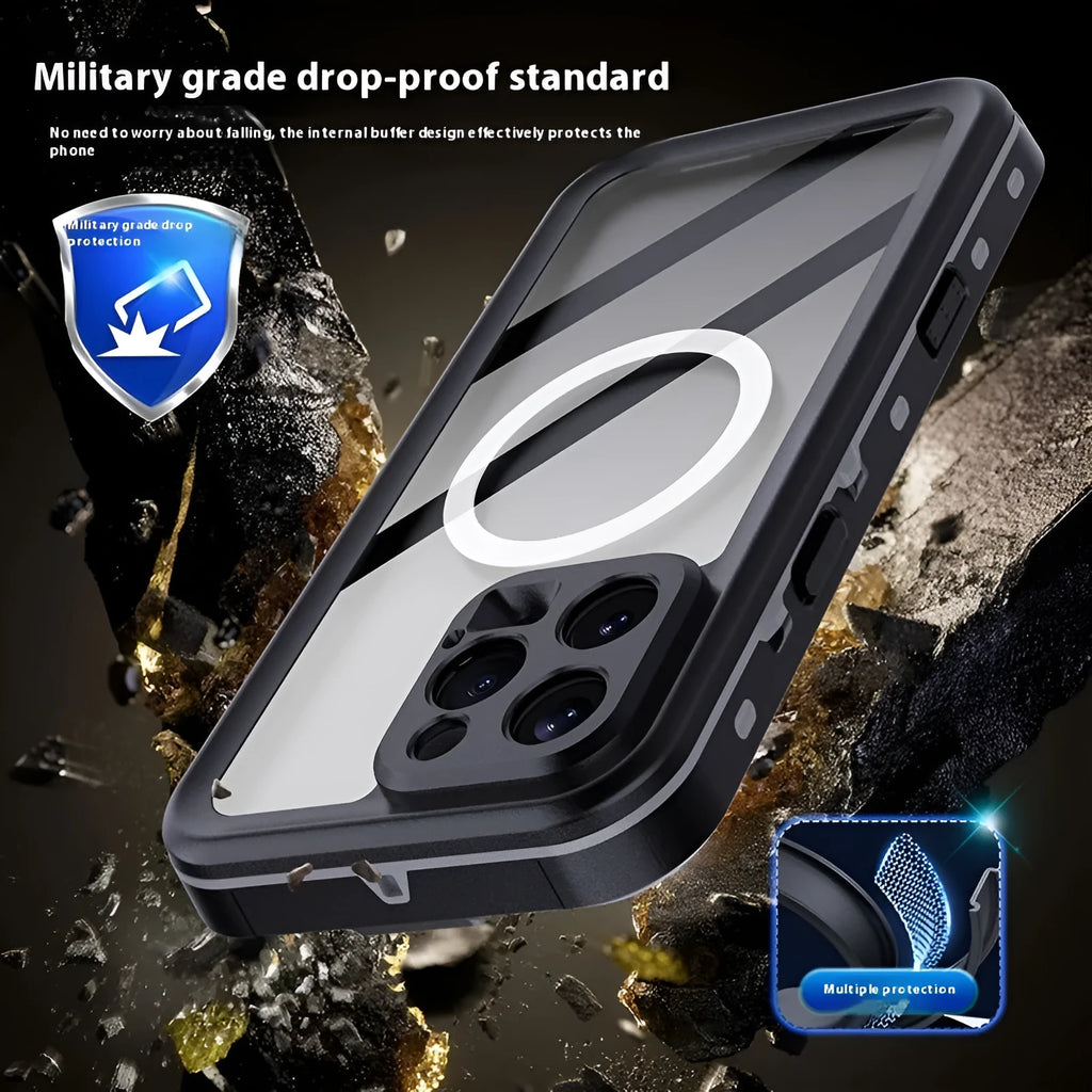Waterproof anti-fall phone case for iPhone 16 in black dark gray, black red and black grass blue, made from PC, TPU and PET.