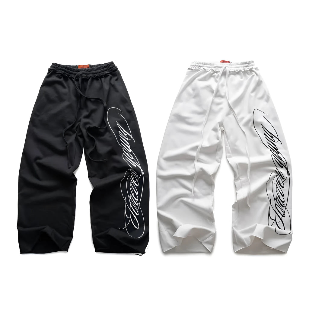 Design printing men's smart trousers in polyester, loose fit, mid waist, black colour, casual Japanese Korean style