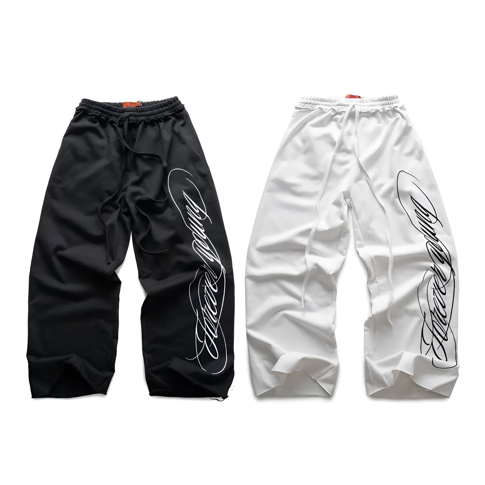 Design printing men's smart trousers in polyester, loose fit, mid waist, black colour, casual Japanese Korean style