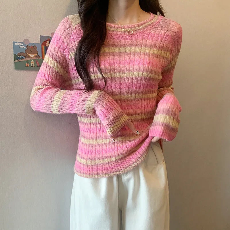 Women's striped round neck pullover sweater in pink or purple, slim fit long sleeve 50cm top