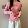 Women's striped round neck pullover sweater in pink or purple, slim fit long sleeve 50cm top