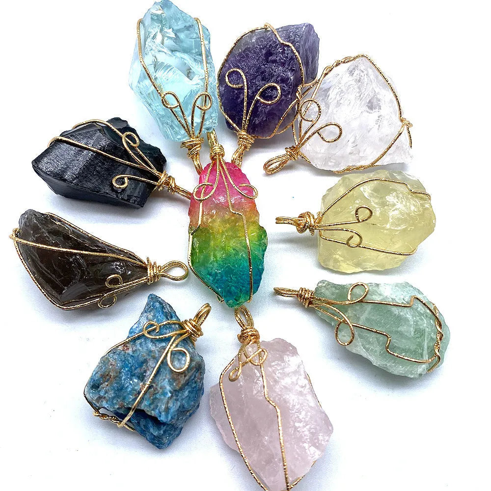 Hand-wound twisted irregular crystal rough stone necklace with natural stone pendant on adjustable snake bone chain