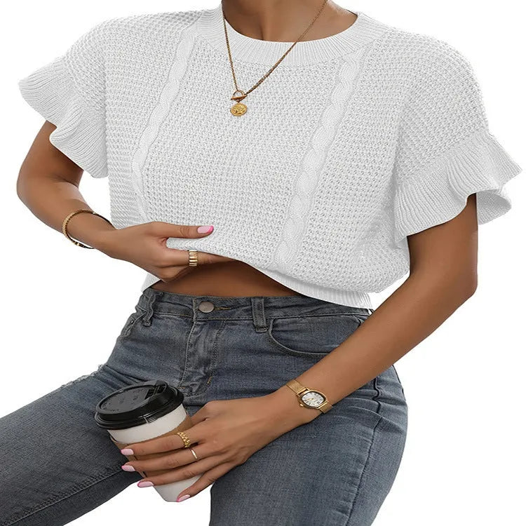White knitted pullover sweater with twisted string ruffled short sleeves creating 3D pattern effect