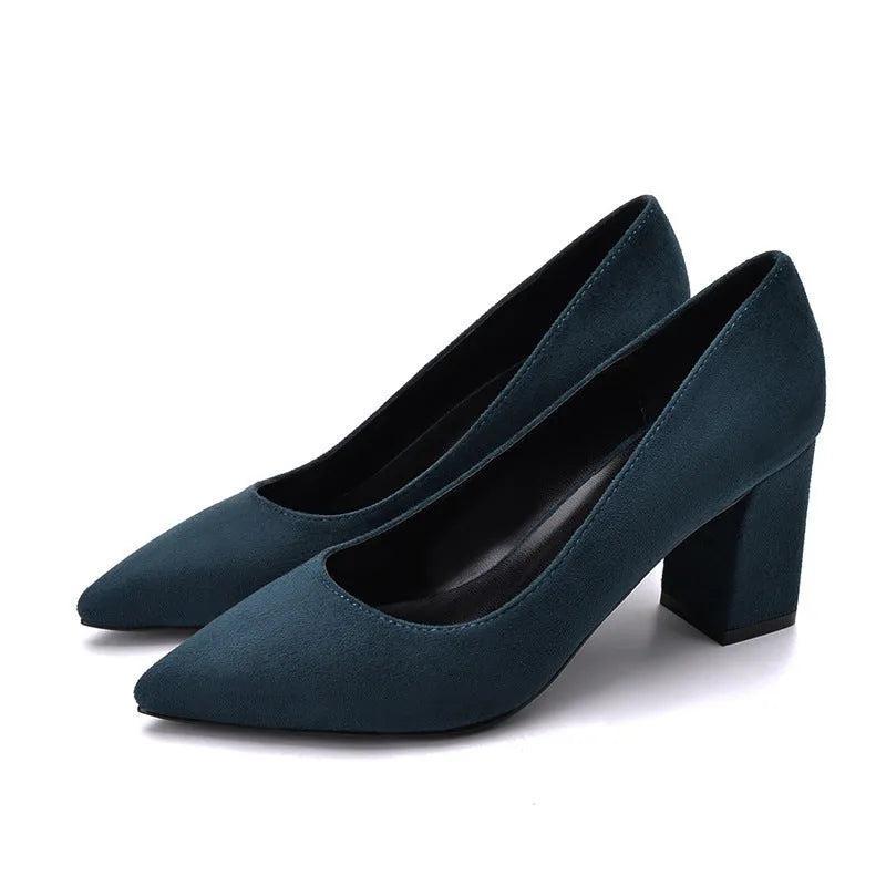 Navy blue suede low-cut high heels with pointed toe, rubber sole, and 5cm or 7cm heel