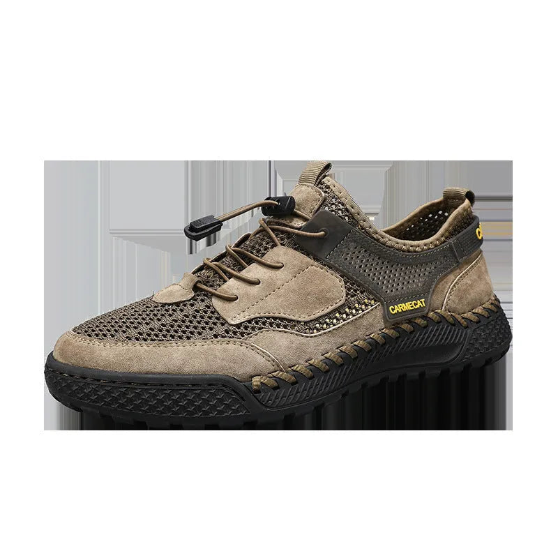 Men's brown suede tennis shoes with elastic closure and hand-stitched rubber soles