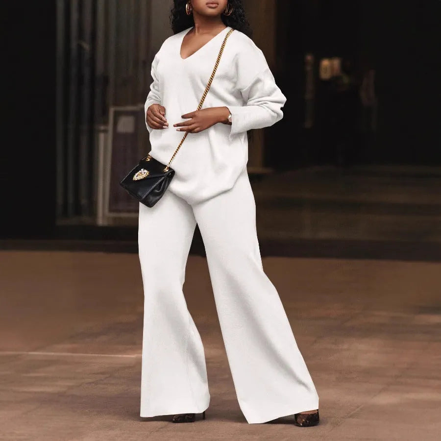 Women's brown suede velvet two-piece suit with split sleeve design and full-length trousers