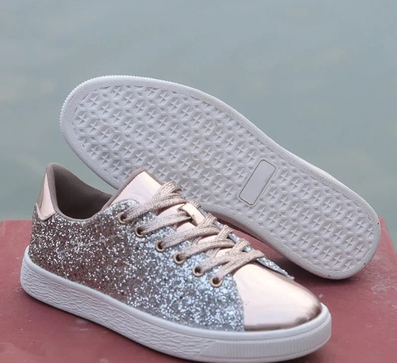 Women's colourful sequinned casual low-top shoes with lace-up front and round toe
