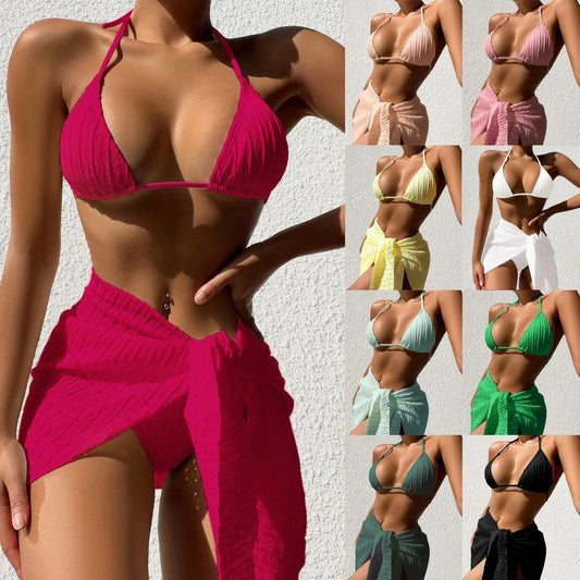 Stylish 3-piece halter swimsuit set in various colors with mesh skirt overlay