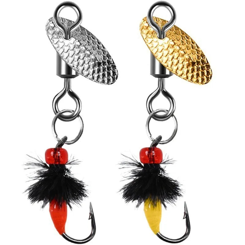 5 bionic mosquito and fly fishing hooks with spinning sequins in multicolour patterns