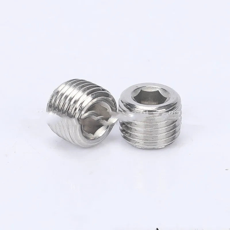 Stainless steel hexagon pipe plug for 3/8-inch bulkhead connections.