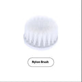 White cordless electric cleaning brush with multiple brush heads on storage bracket