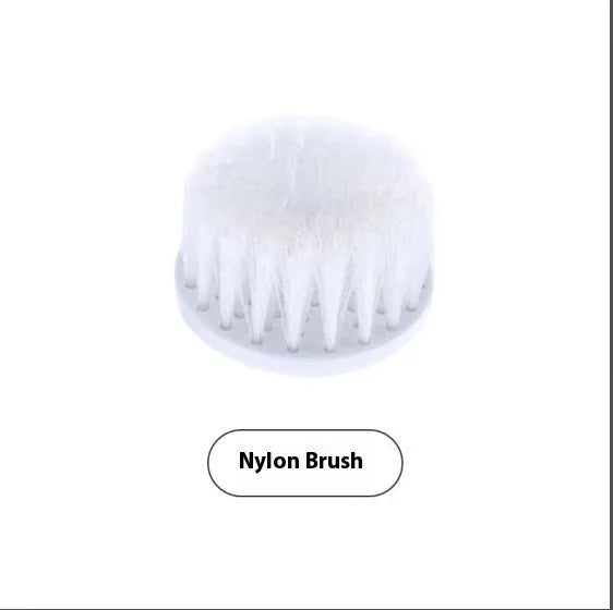 White cordless electric cleaning brush with multiple brush heads on storage bracket