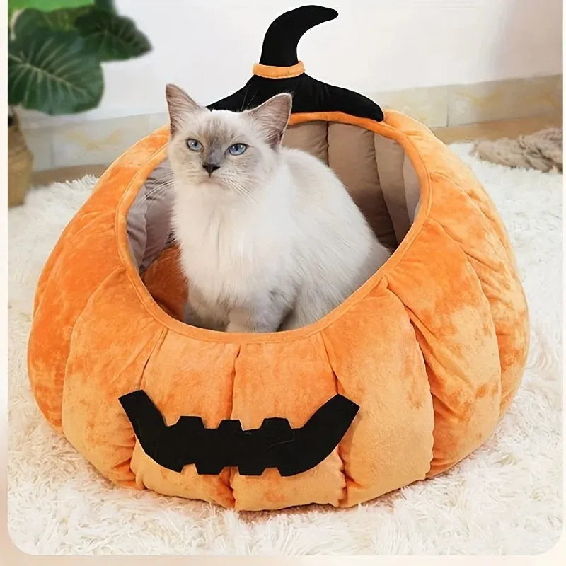 Halloween pumpkin design plush cat bed for cats and small dogs in orange colour.