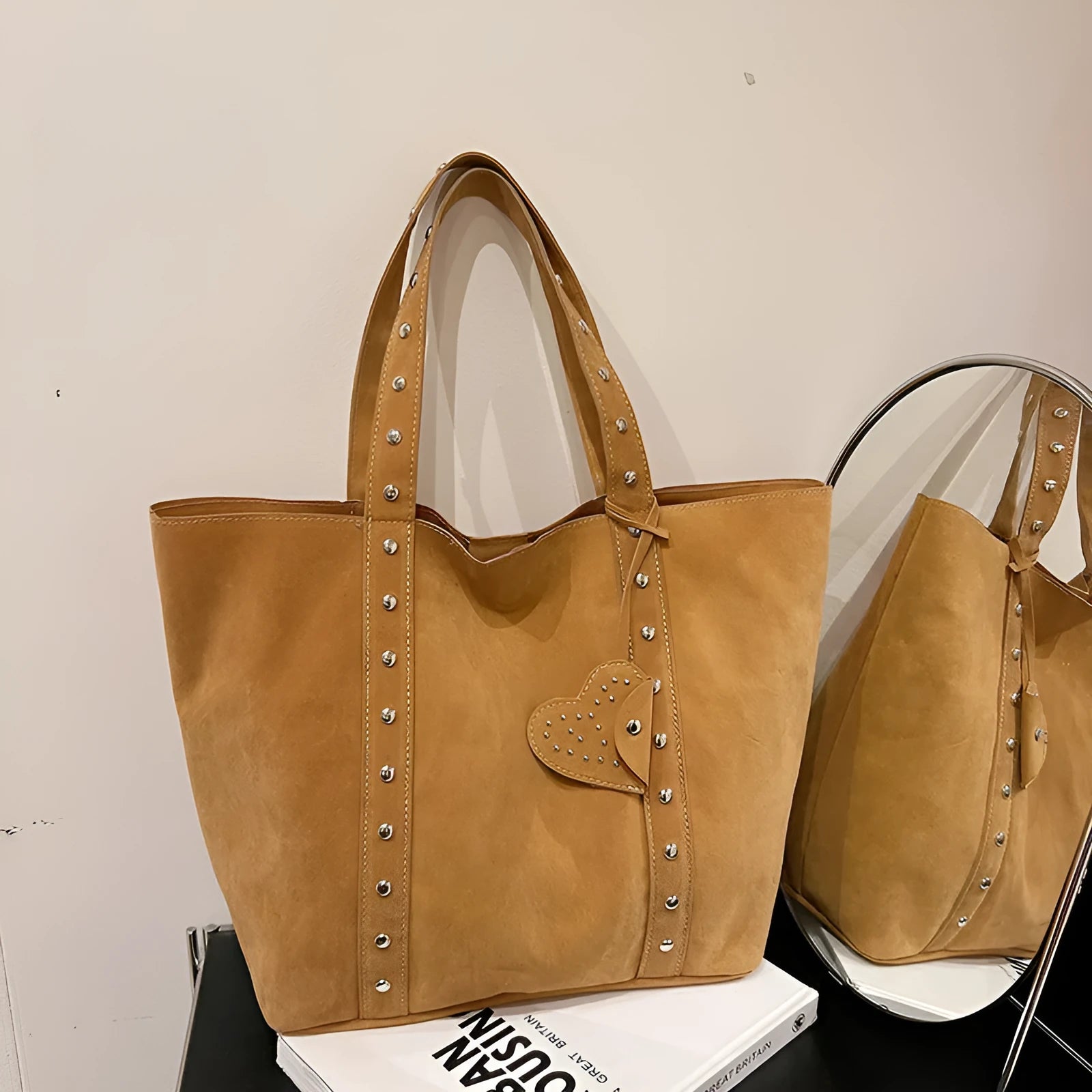 Black PU women's tote bag with double shoulder strap, shown with dimensions 33cm wide by 32cm tall.