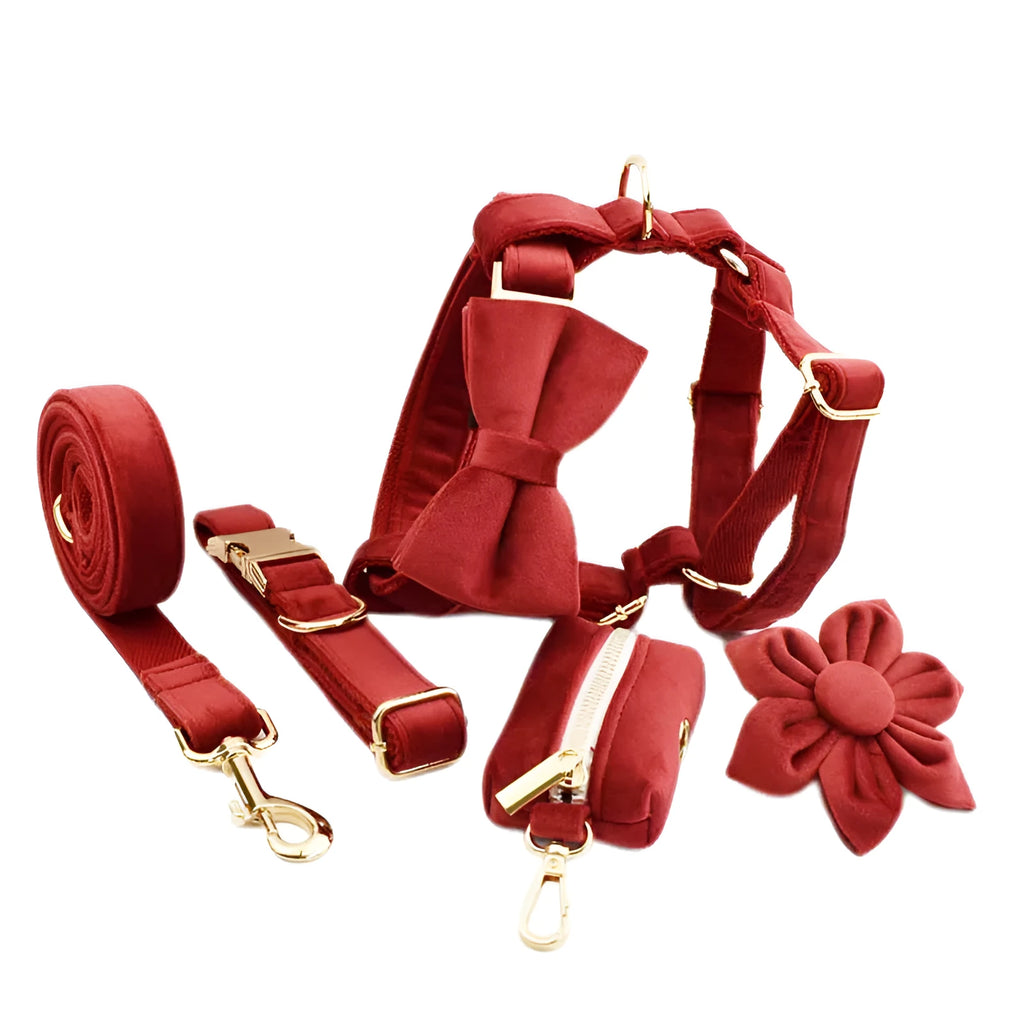 Dog collar and accessory set with cloth leash, vest, bow, flower, and poop bag components