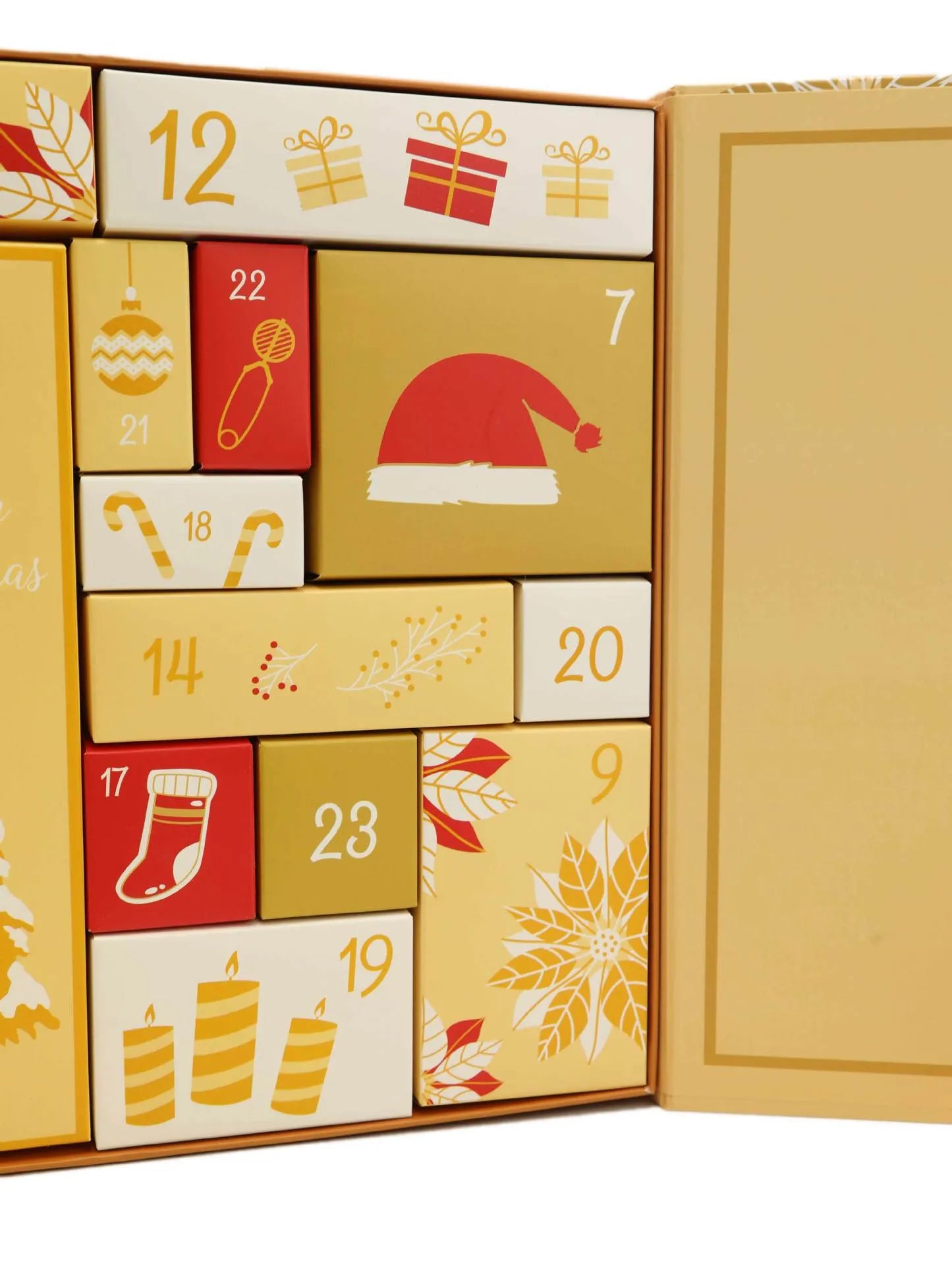 Yellow countdown calendar Christmas gift box with double doors and oil painting style finish on a shelf