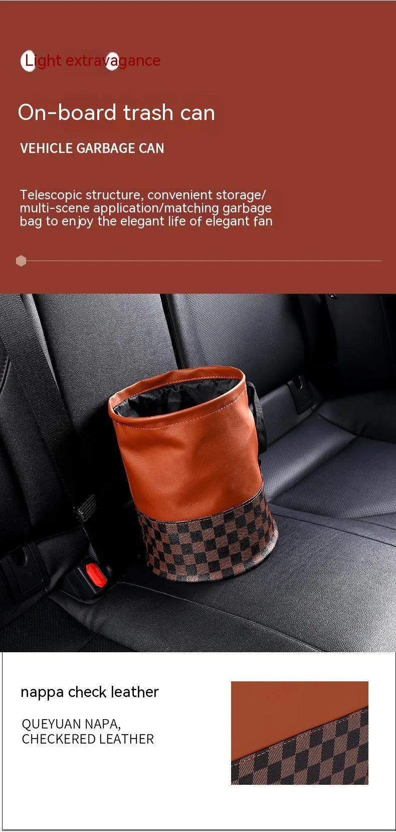 Black retractable leather car trash can with handle shown in folded and expanded states