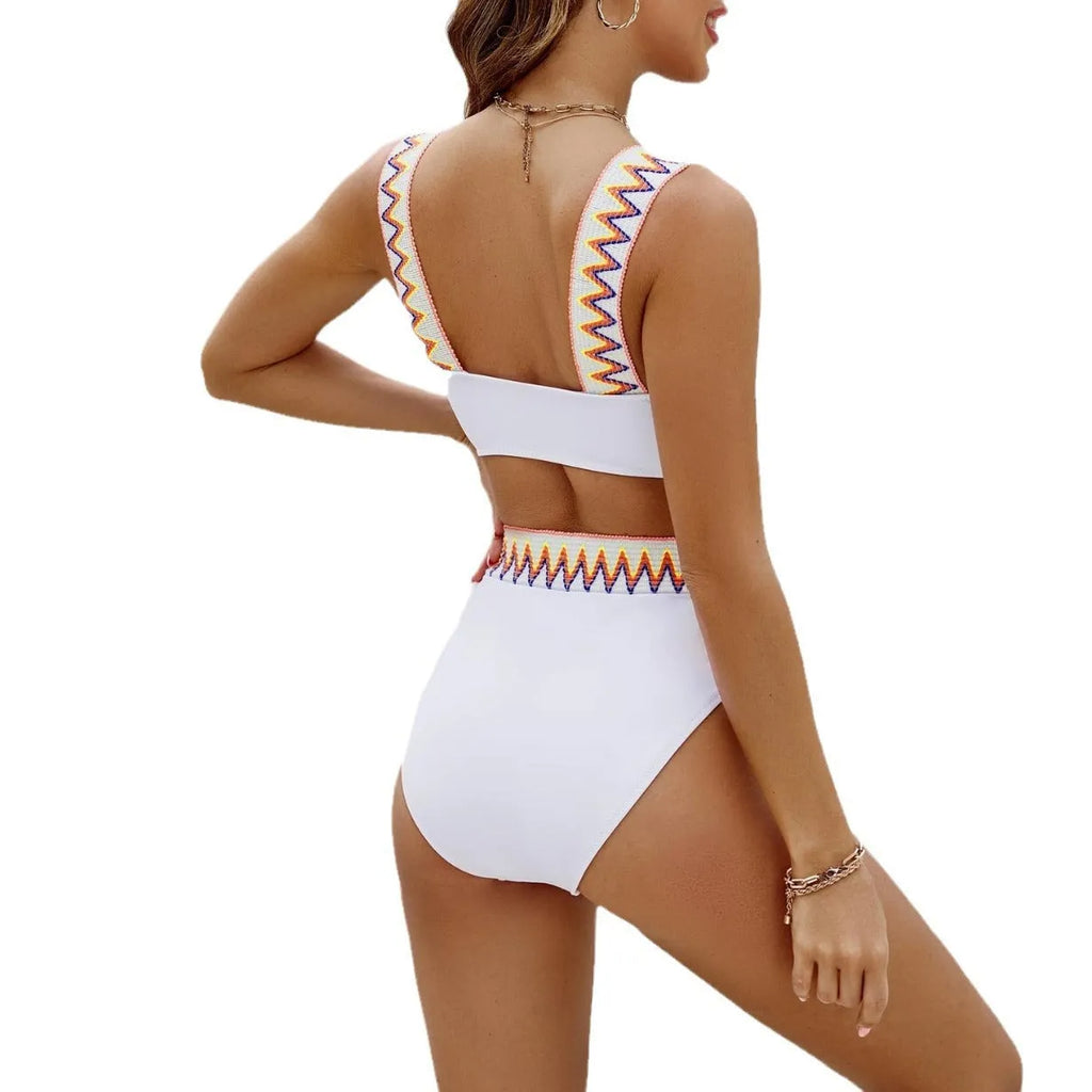 Black women's lace-up bikini set with high-waisted bottoms on a mannequin