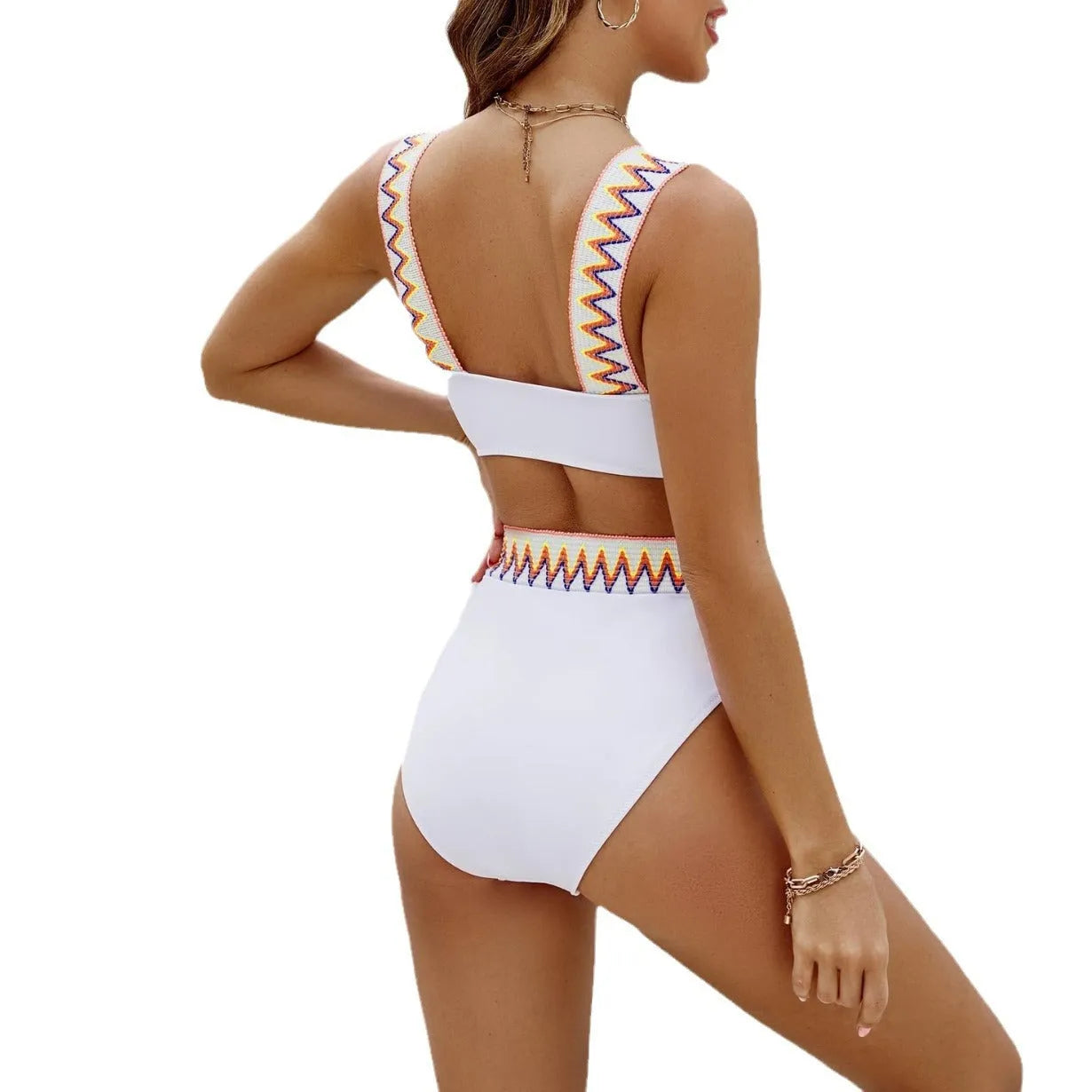 Black women's lace-up bikini set with high-waisted bottoms on a mannequin