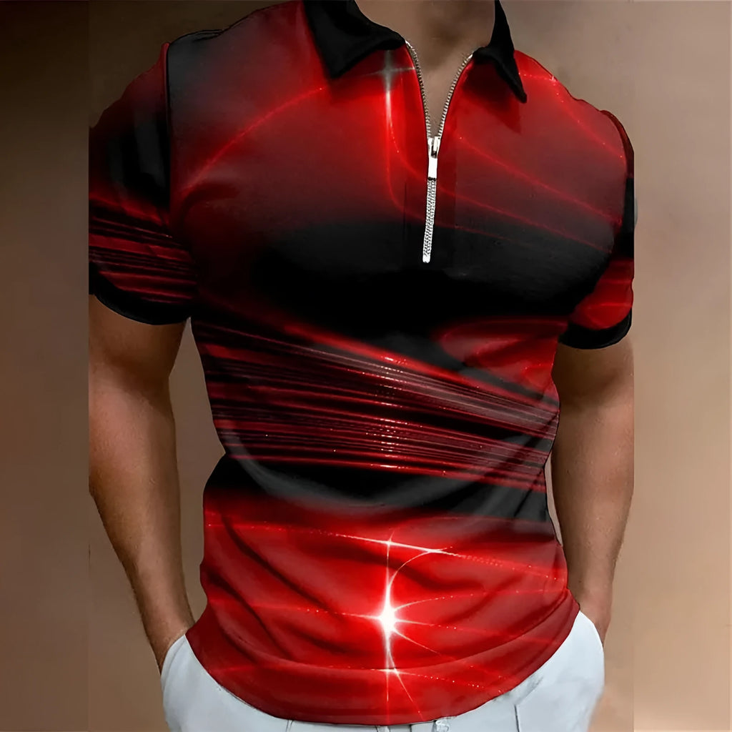 Men's blue zipper polo shirt with short sleeves and loose fit design