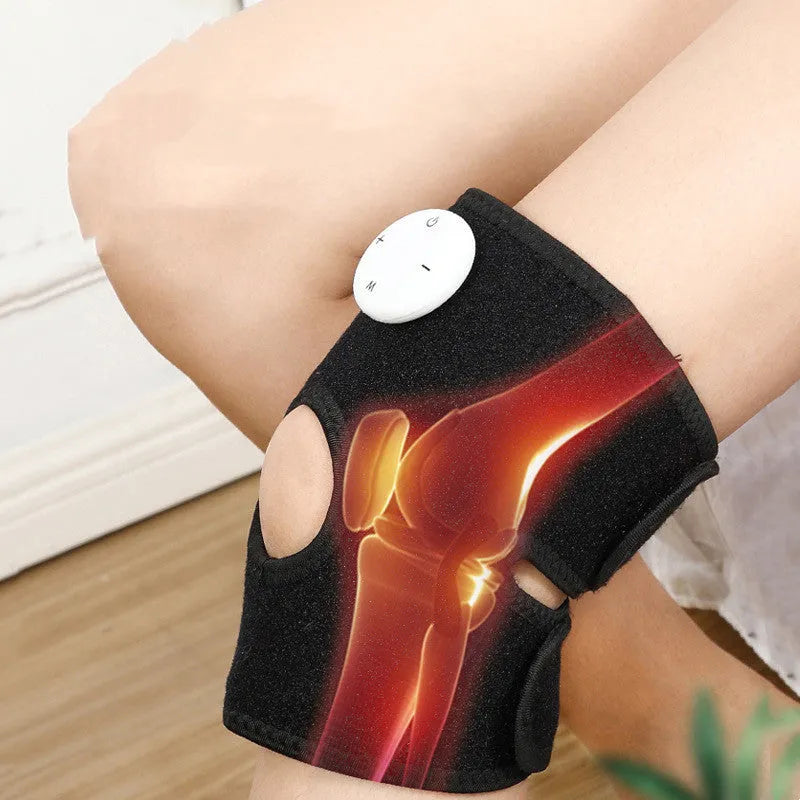 Black anti-cold knee pad with electronic pulse massage, four massage contacts, and USB rechargeable power