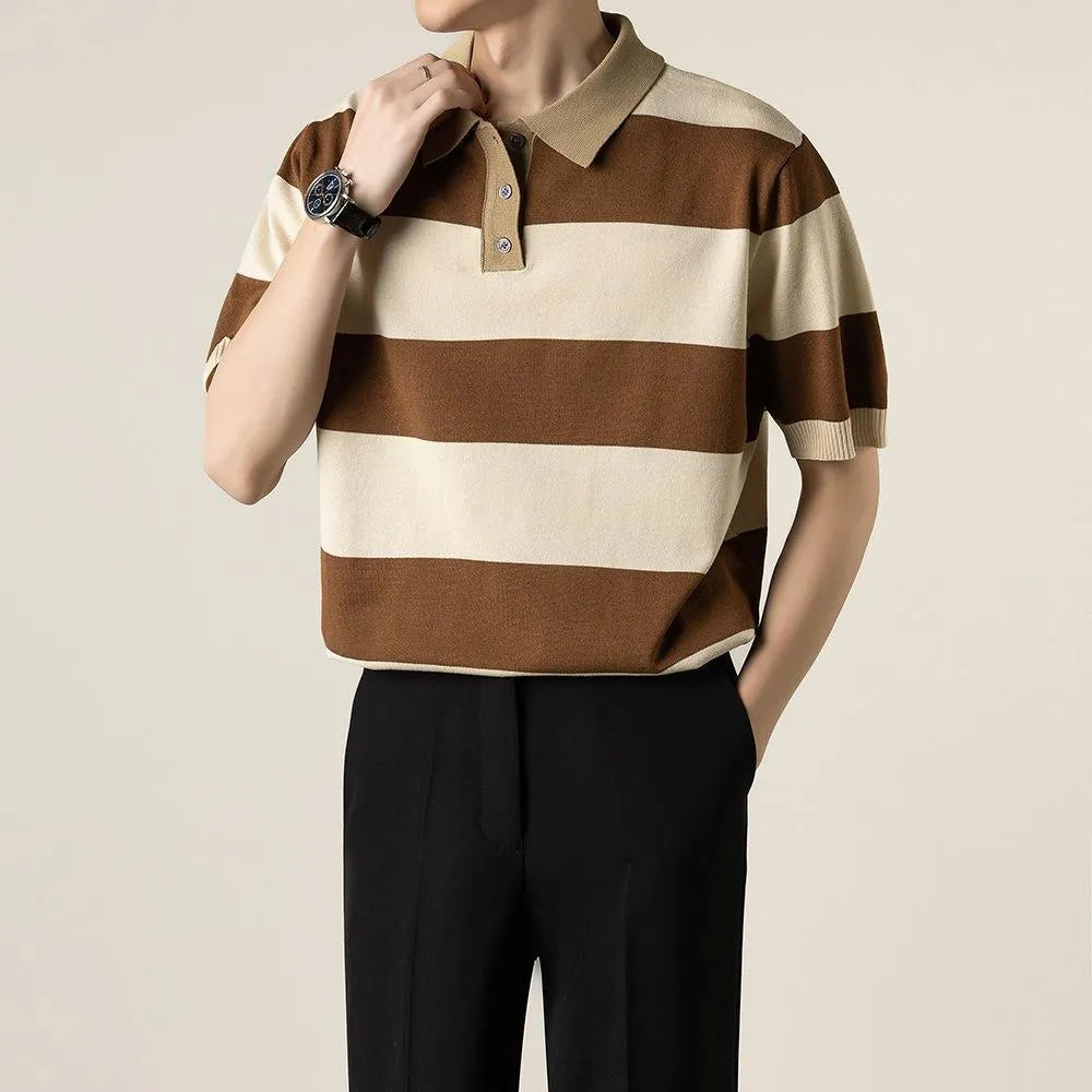 Business striped short-sleeved T-shirt men polyester, B226 black high quality option, front view