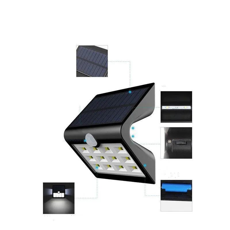 Solar outdoor wall light with LED illumination and IP65 waterproof rating for garden landscape lighting