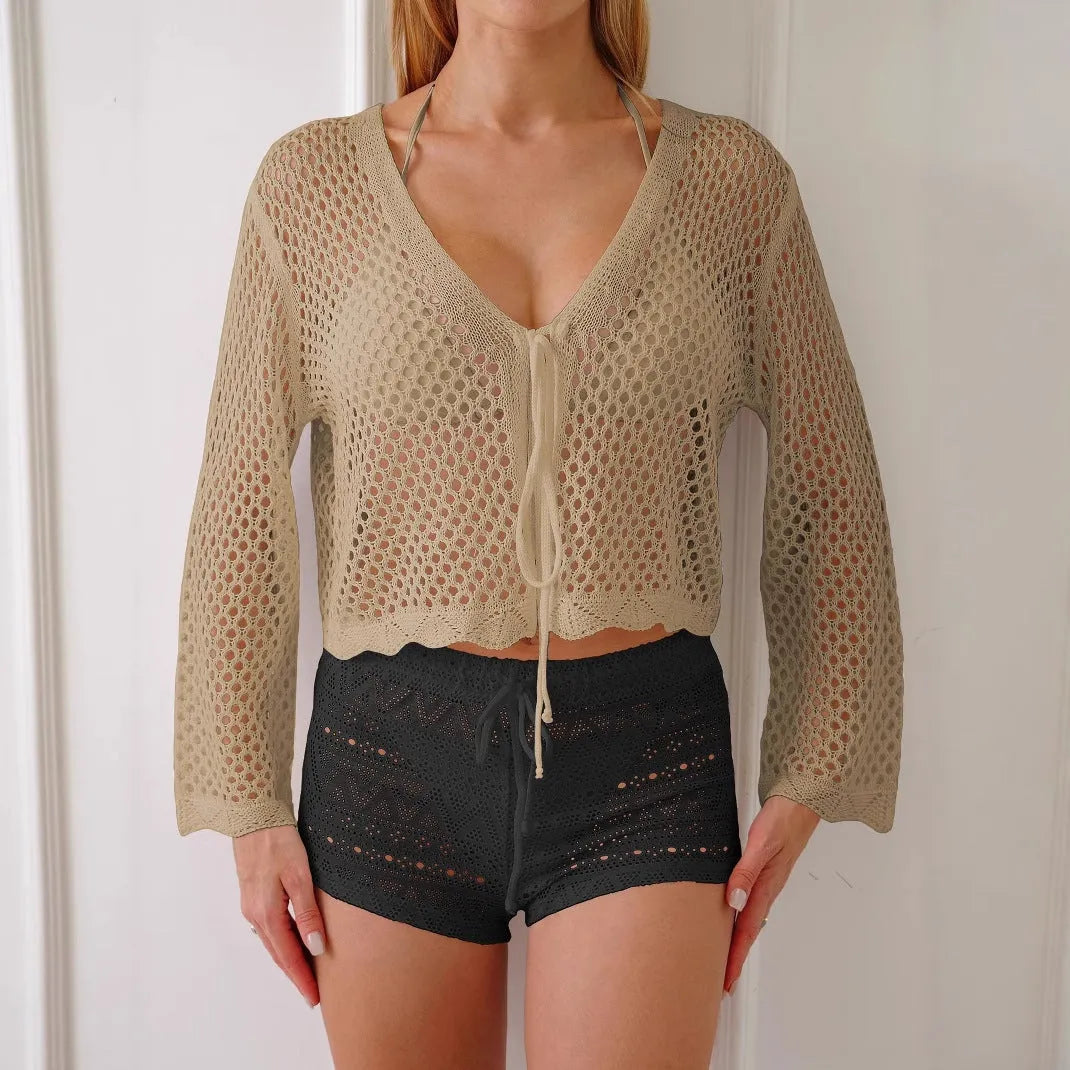 Women's cardigan blouse with hollow woven fabric and bell sleeves in solid colour