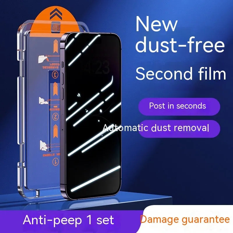 Two-pack iPhone tempered glass screen protector showing HD and privacy peep-proof options with dustproof net.
