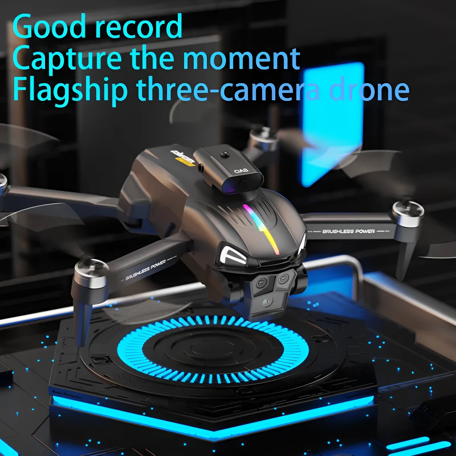 C15 three cameras 4K HD drone dark grey plastic metal construction with propeller blades on table