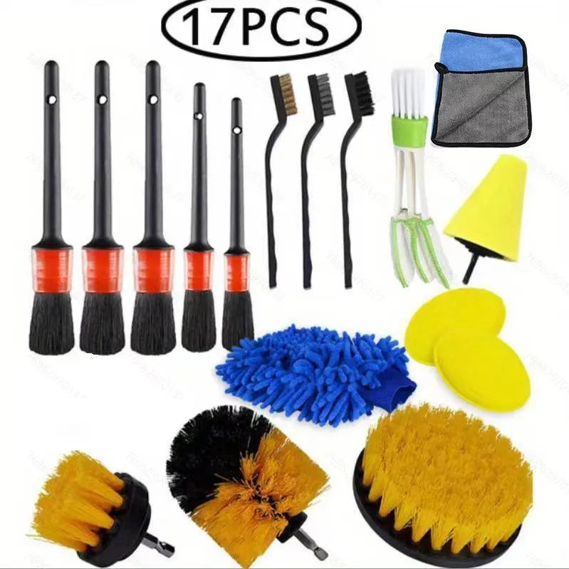 26-piece electric drill brush head set in red and blue for car cleaning on a black background