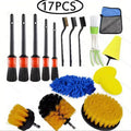 26-piece electric drill brush head set in red and blue for car cleaning on a black background