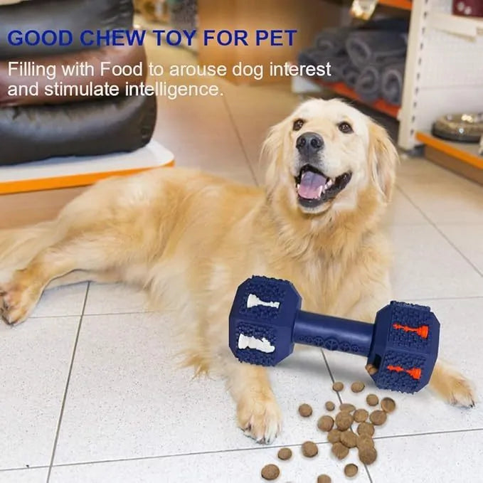Blue rubber dumbbell-shaped dog chew toy with textured surface and hollow ends.