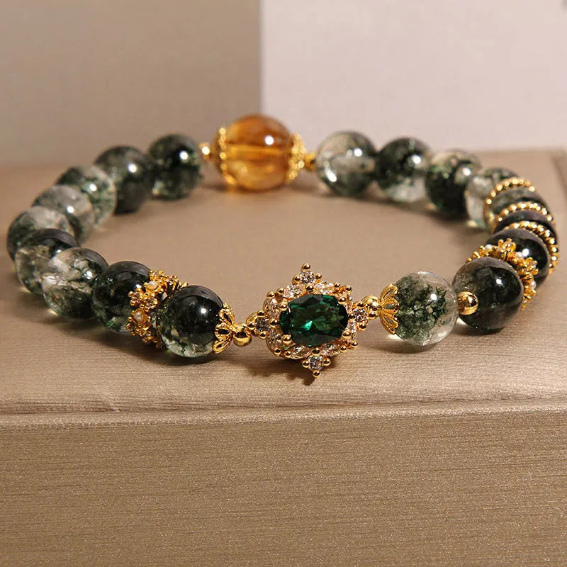 Women's green phantom quartz crystal bracelet with gold rutilated quartz accents and pearl detailing
