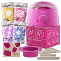 27-piece hair removal waxing kit showing wax heater, coloured wax beads, applicator sticks, and guidebook