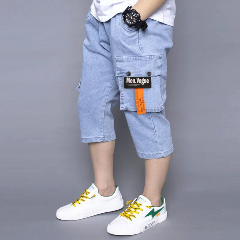 Boys loose stretch cropped jeans high waist cotton blue front view