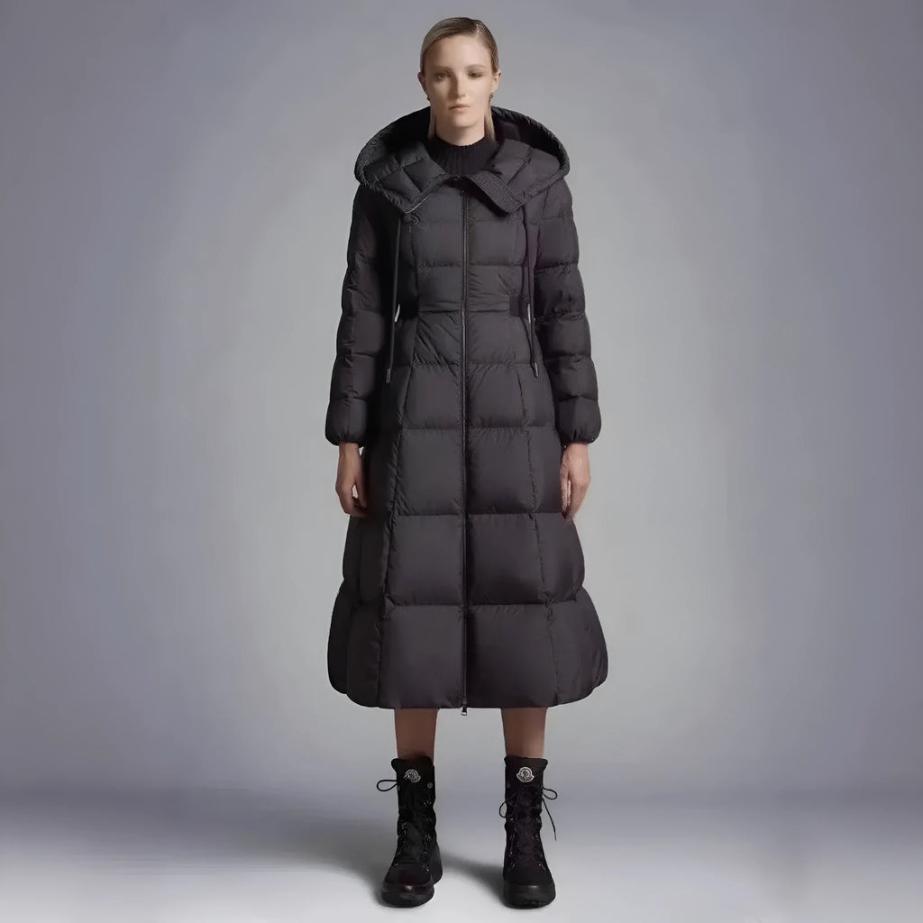 Black hooded down jacket for women, 65cm medium length, viscose fibre, white duck down, sizes 1-4.