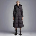 Black hooded down jacket for women, 65cm medium length, viscose fibre, white duck down, sizes 1-4.