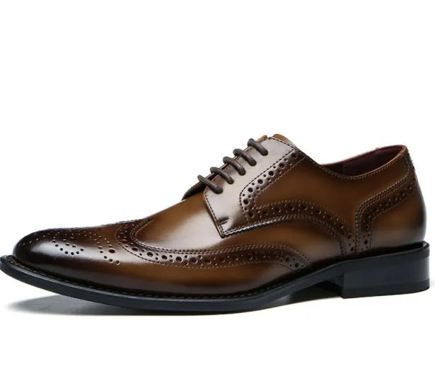 Men's black two-layer cowhide leather business casual shoes with rubber sole and leather toe cap