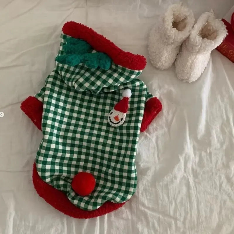 Plaid dog hoodie and Christmas pet princess dress in milk silk fabric, snowman pattern, sizes XS-XXL for small dogs and cats