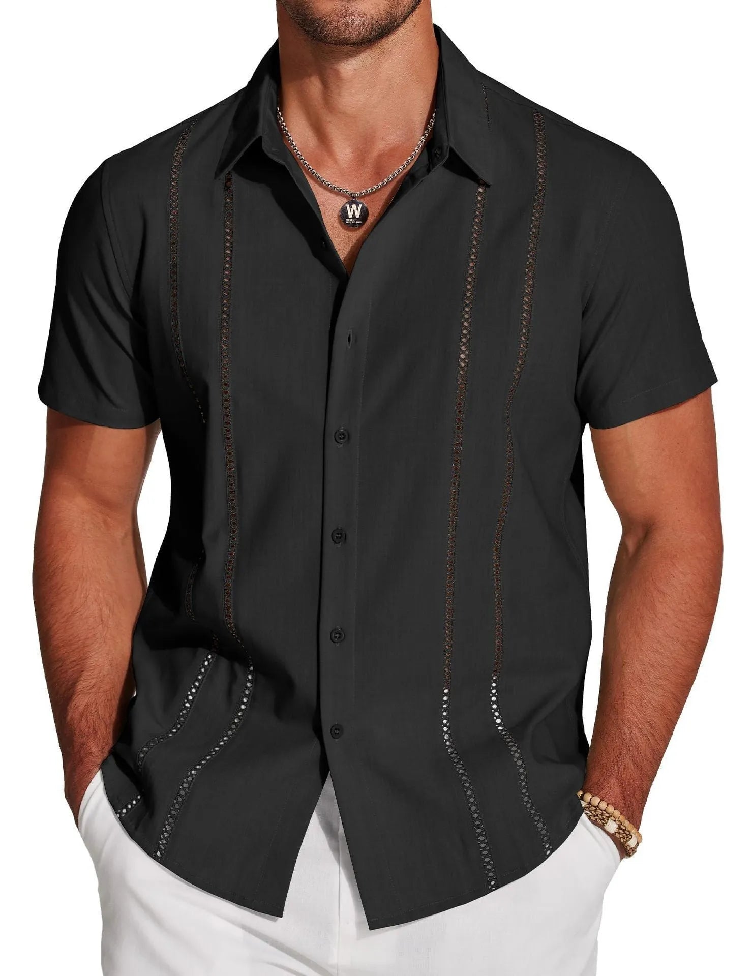 Men's slim fit Hawaiian short sleeve shirt with digital printing pattern and elastic polyester fabric