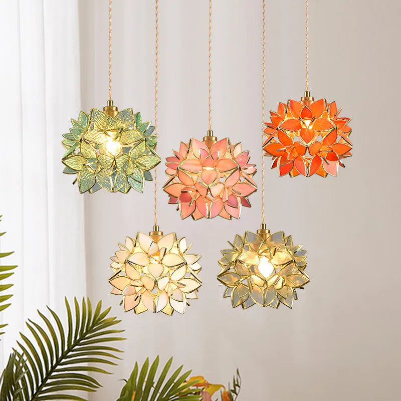 Stained glass hanging chandelier with copper lamp head in one of five colour options