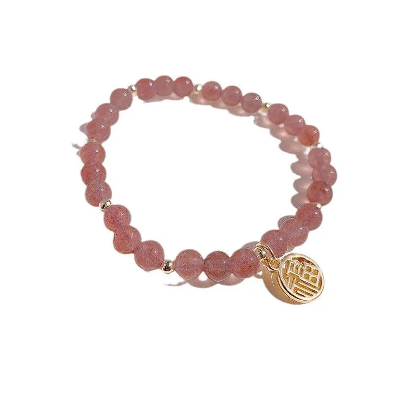 Handmade strawberry quartz blessing card bracelet with adjustable universal wrist size