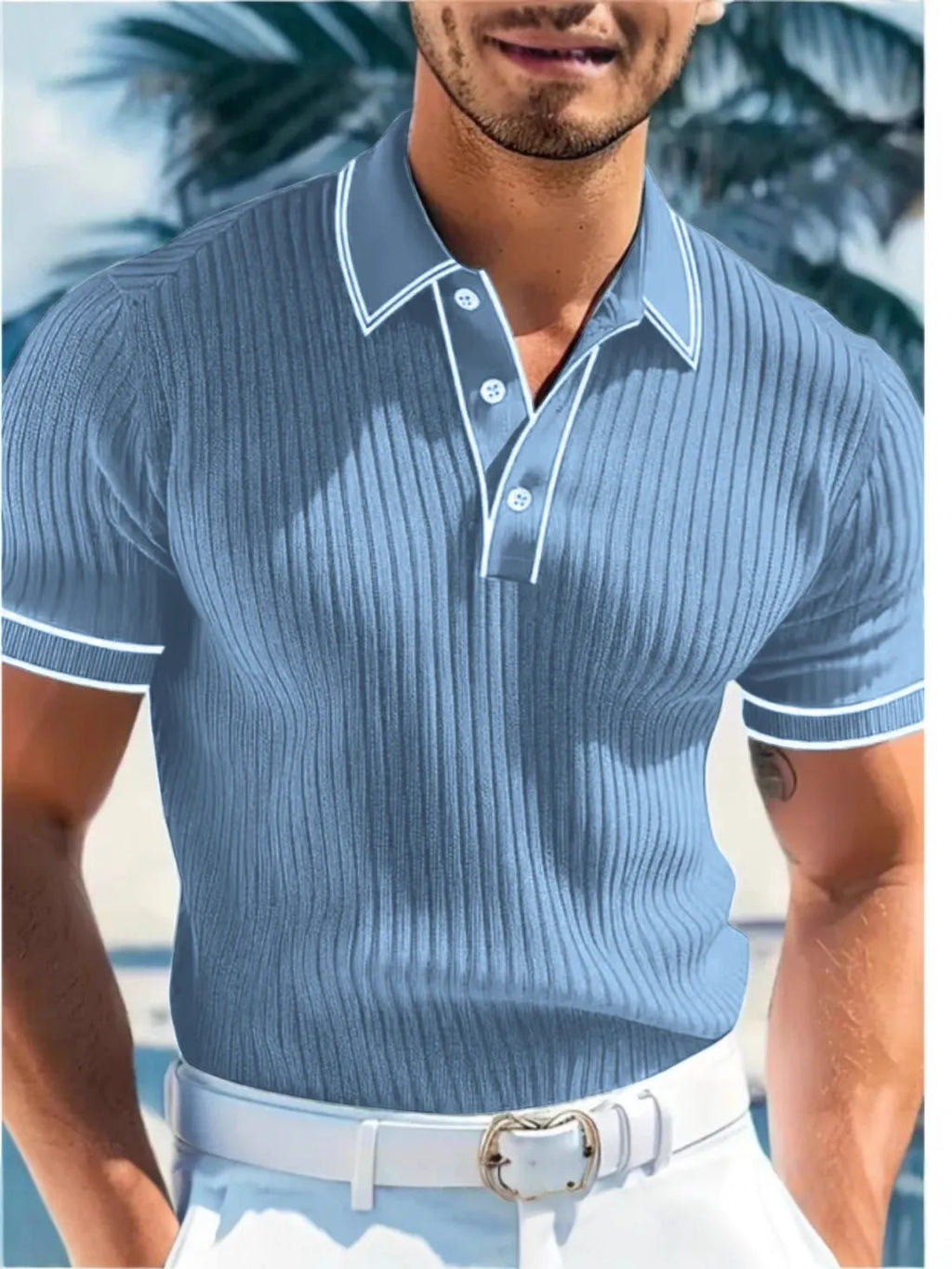 Men's loose fit striped polo short-sleeved shirt in chemical fiber blend fabric for summer casual wear