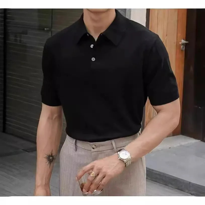 Knitted short-sleeve polo shirt in ice silk cotton fabric on a hanger, showing polo collar detail.