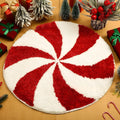 Square Christmas carpet with printed round pad design on polyester, shown in 60cm and 80cm sizes.