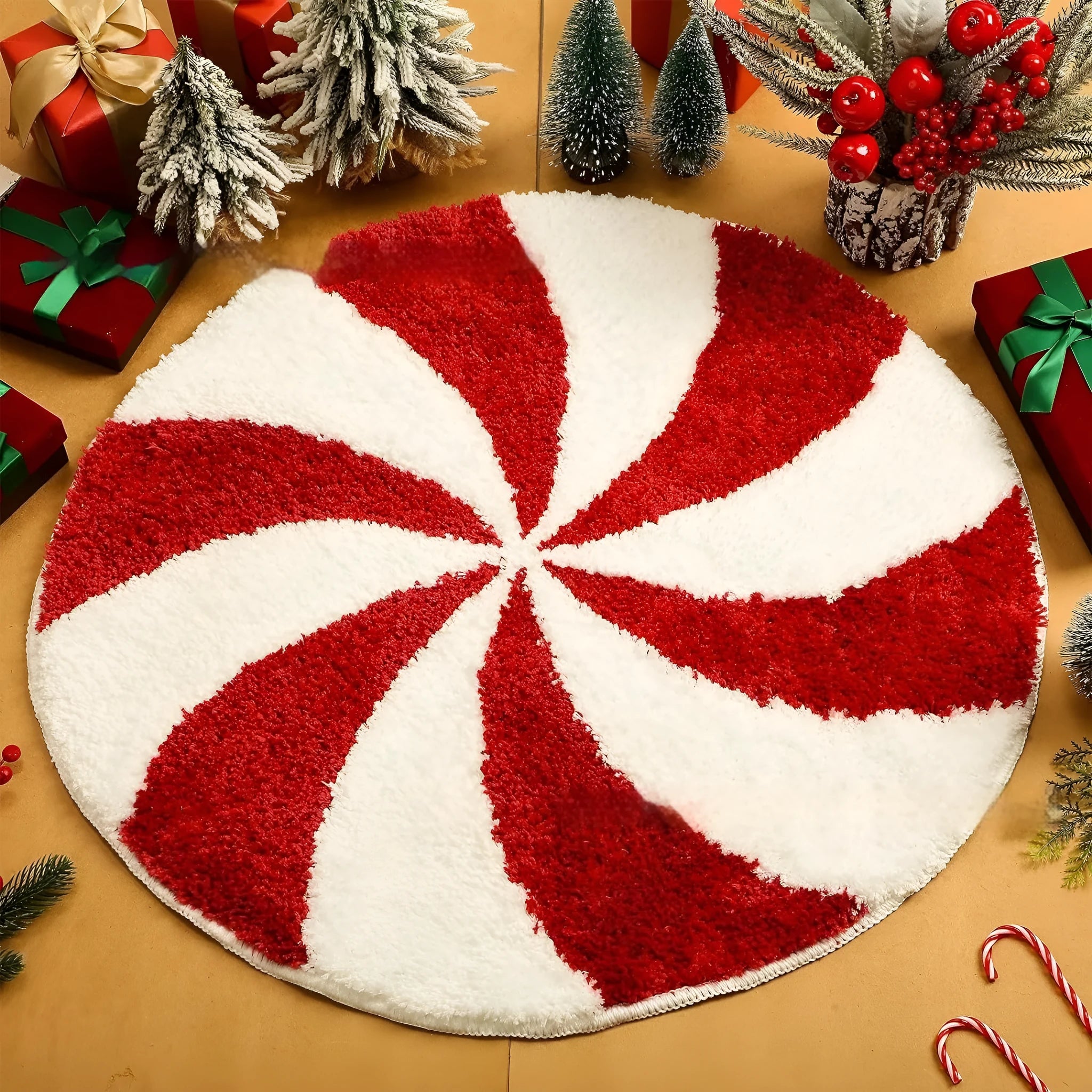 Square Christmas carpet with printed round pad design on polyester, shown in 60cm and 80cm sizes.